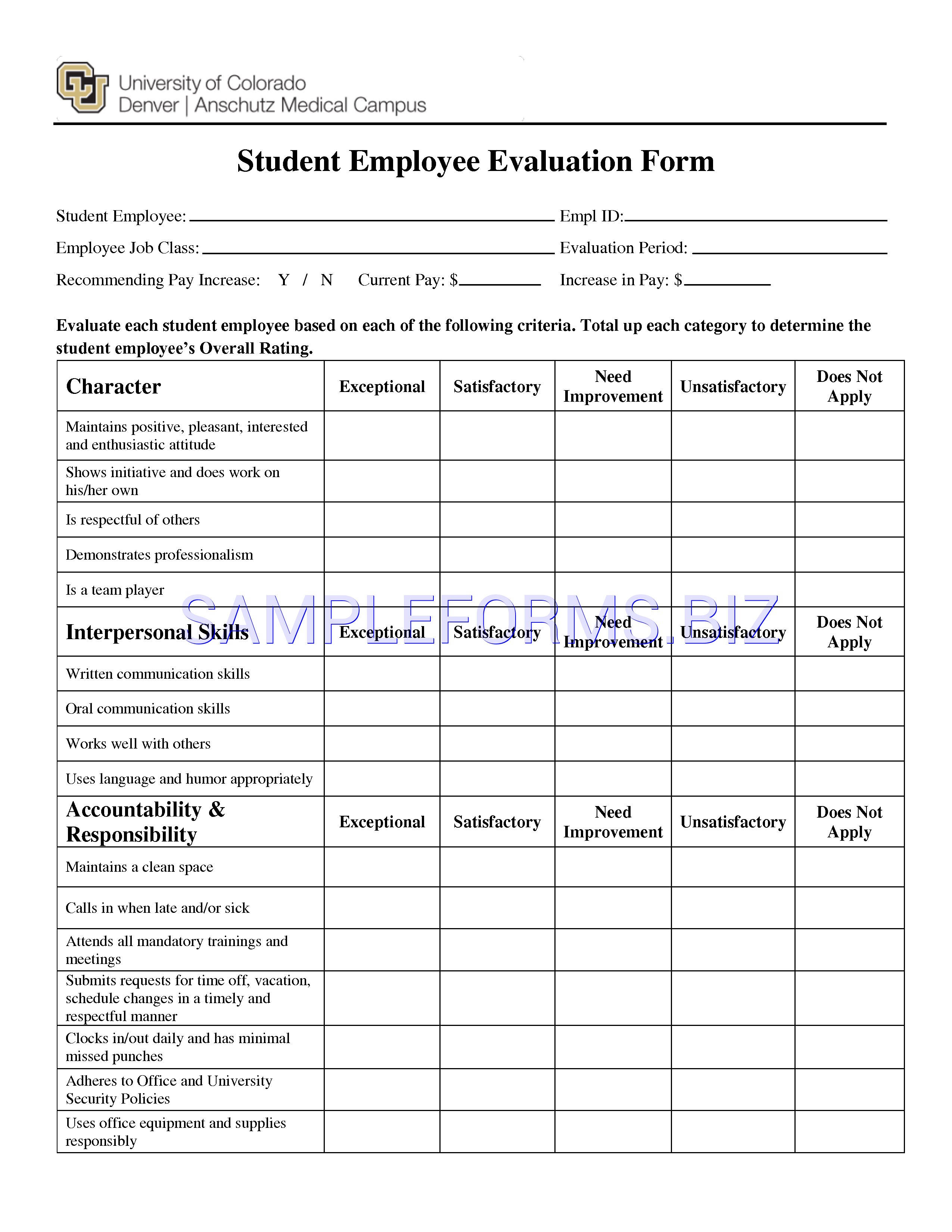 Preview free downloadable Student Employee Evaluation Form in PDF (page 1)
